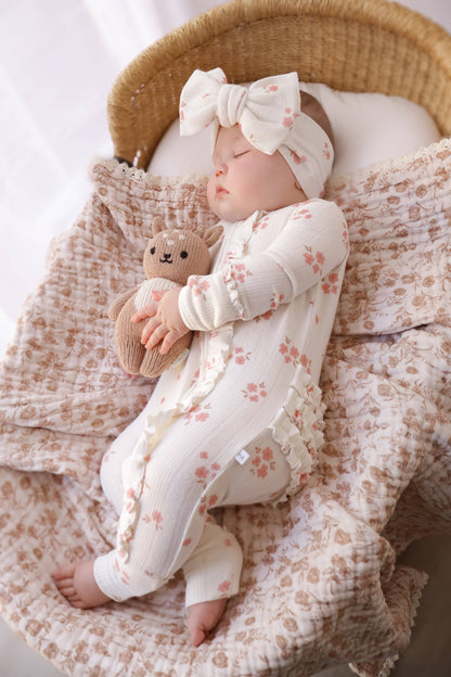 Ruffle Zipper One Piece -  Pink Floral Pointelle