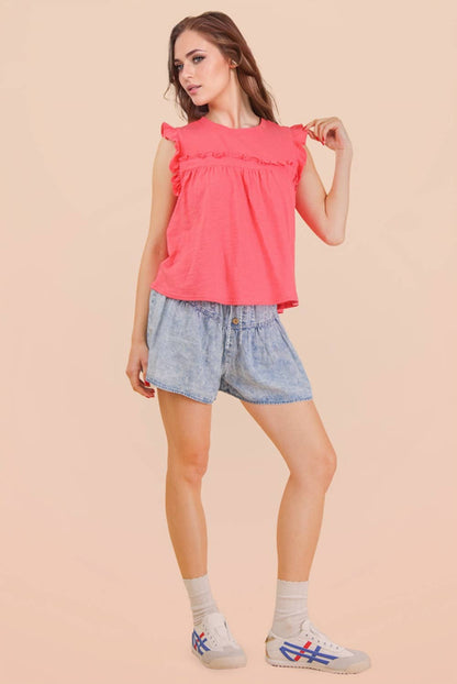 Chambray Button Down Flare Shorts*