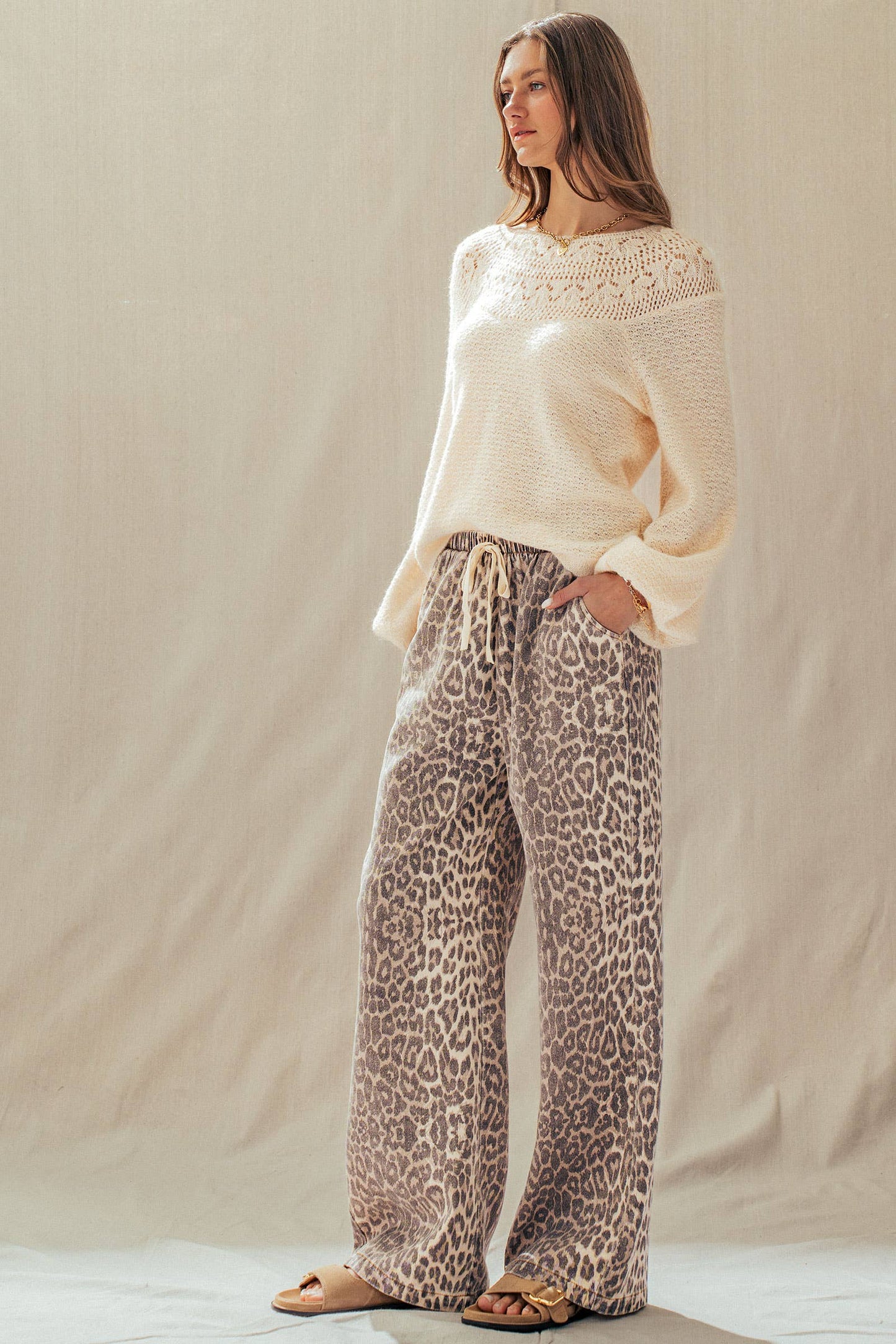 Leopard Print Wide Leg Cotton Pants Drawstring*
