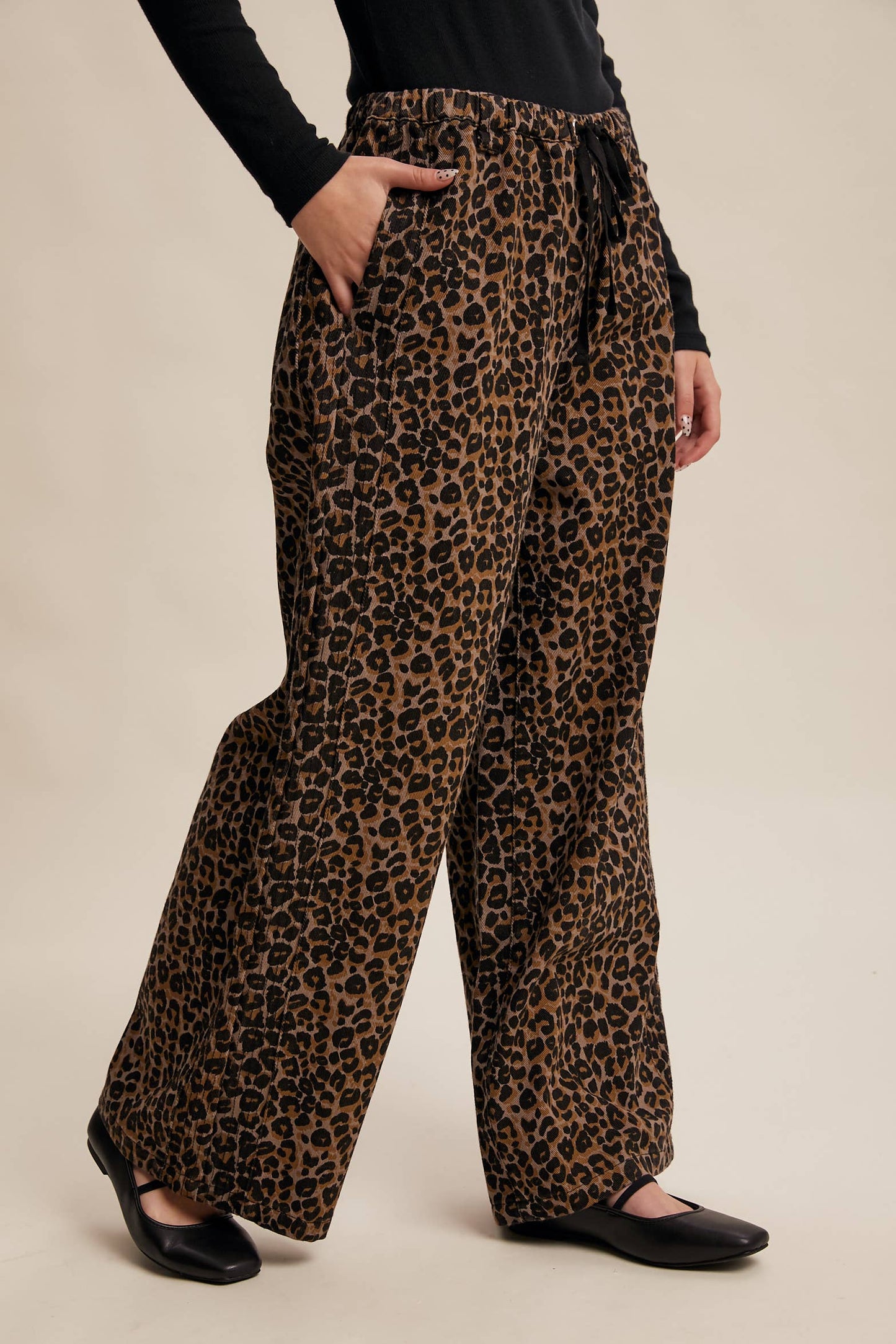 Leopard Print Denim Wide-Leg Pants