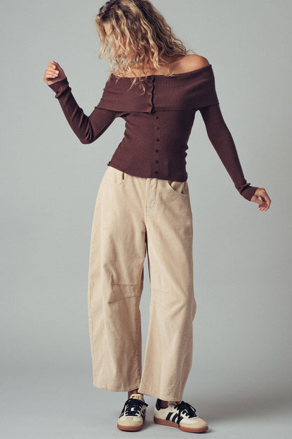 Hartsin Off-Shoulder Button Front Ribbed Top
