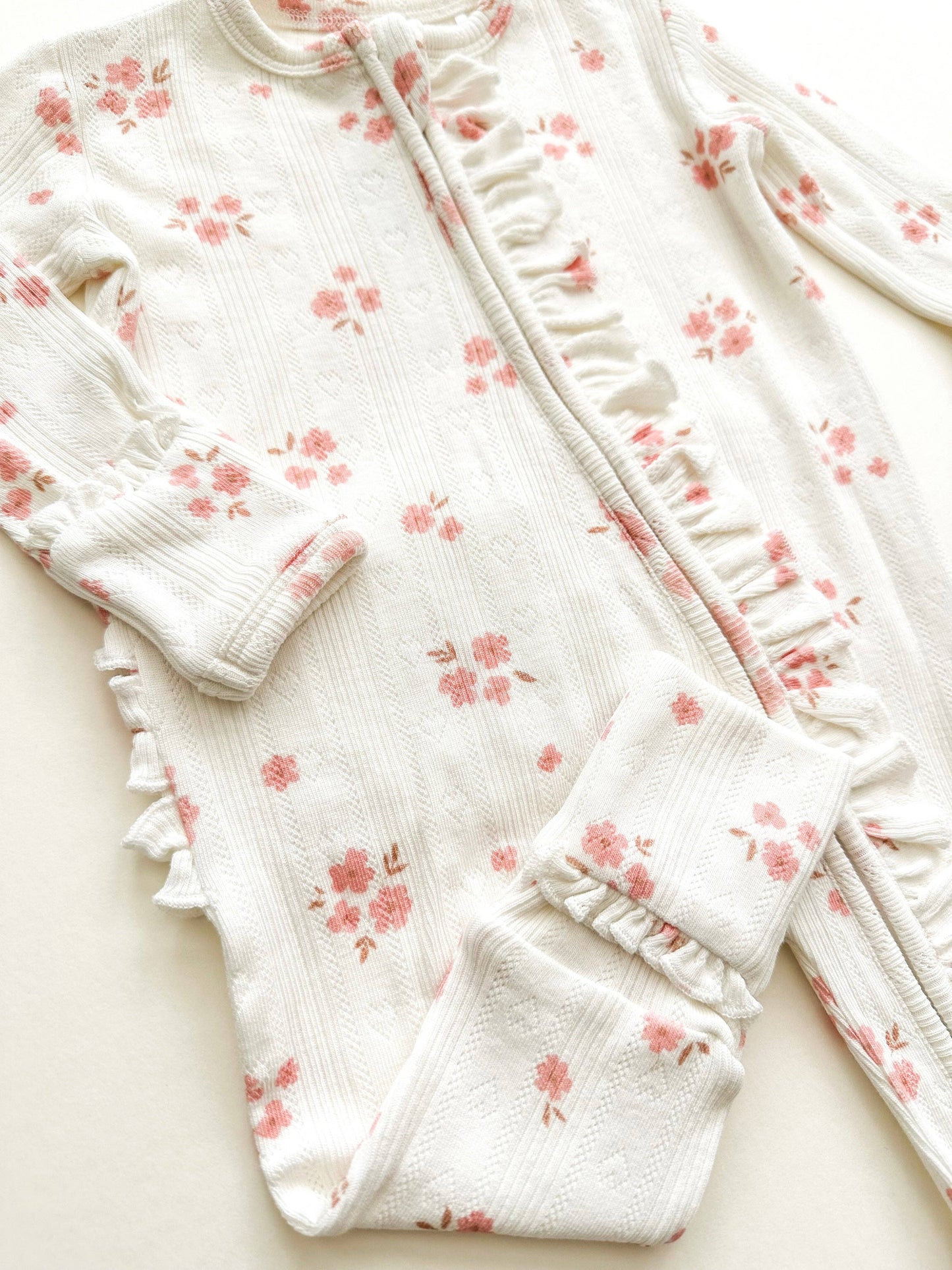 Ruffle Zipper One Piece -  Pink Floral Pointelle