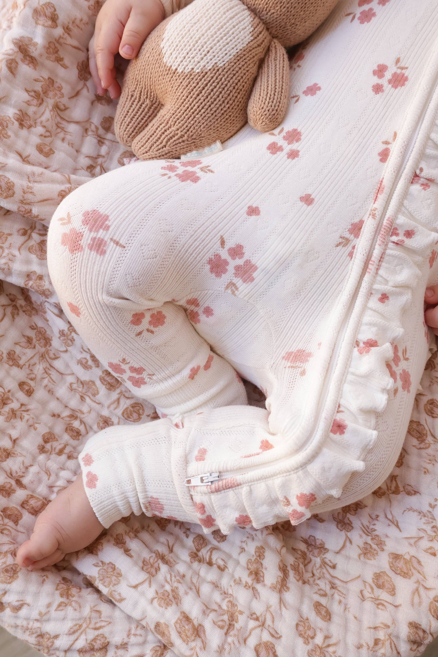 Ruffle Zipper One Piece -  Pink Floral Pointelle