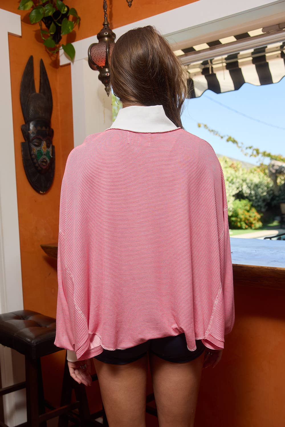 Stacey Striped Mock-neck Balloon-sleeve Top