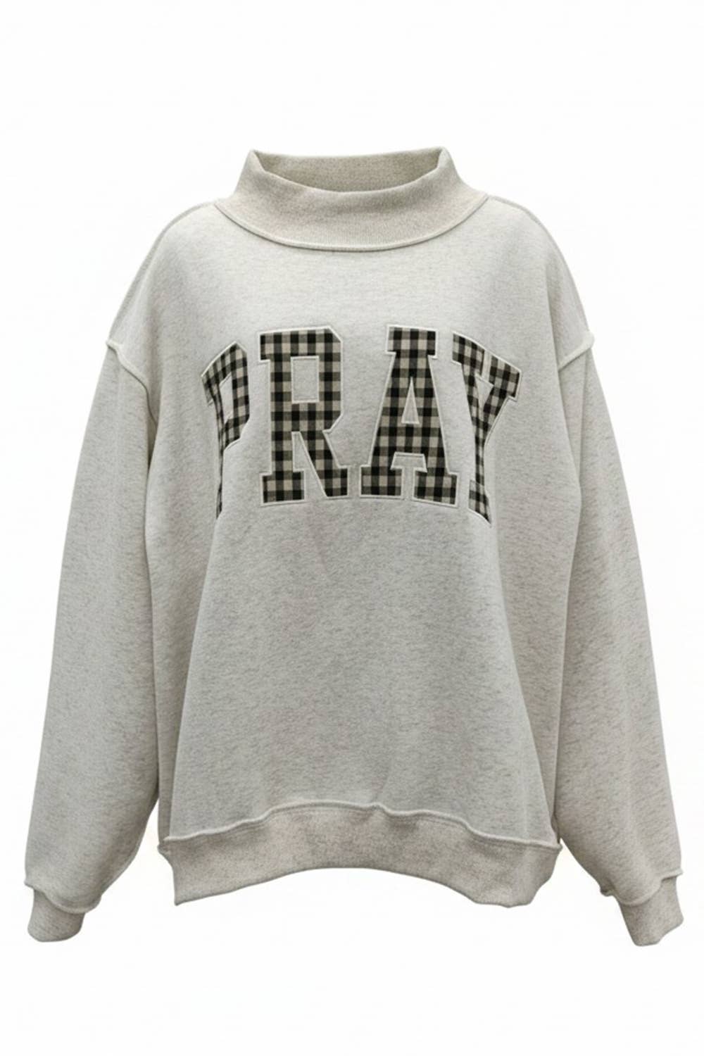 'PRAY' Gingham Appliqué Mockneck Sweatshirt