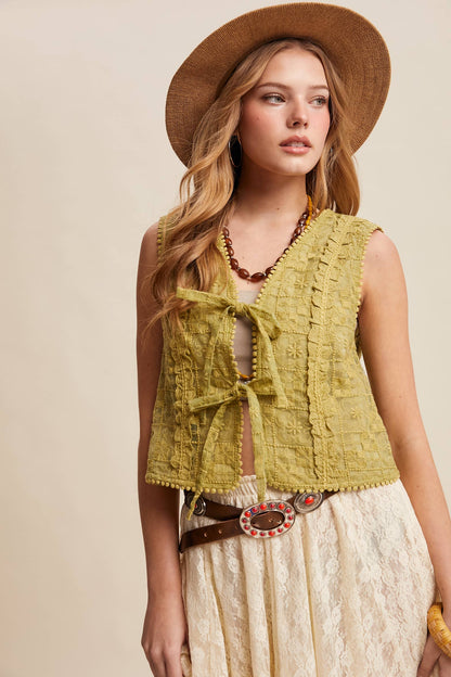 Embroidered Lace Tie-Front Vest
