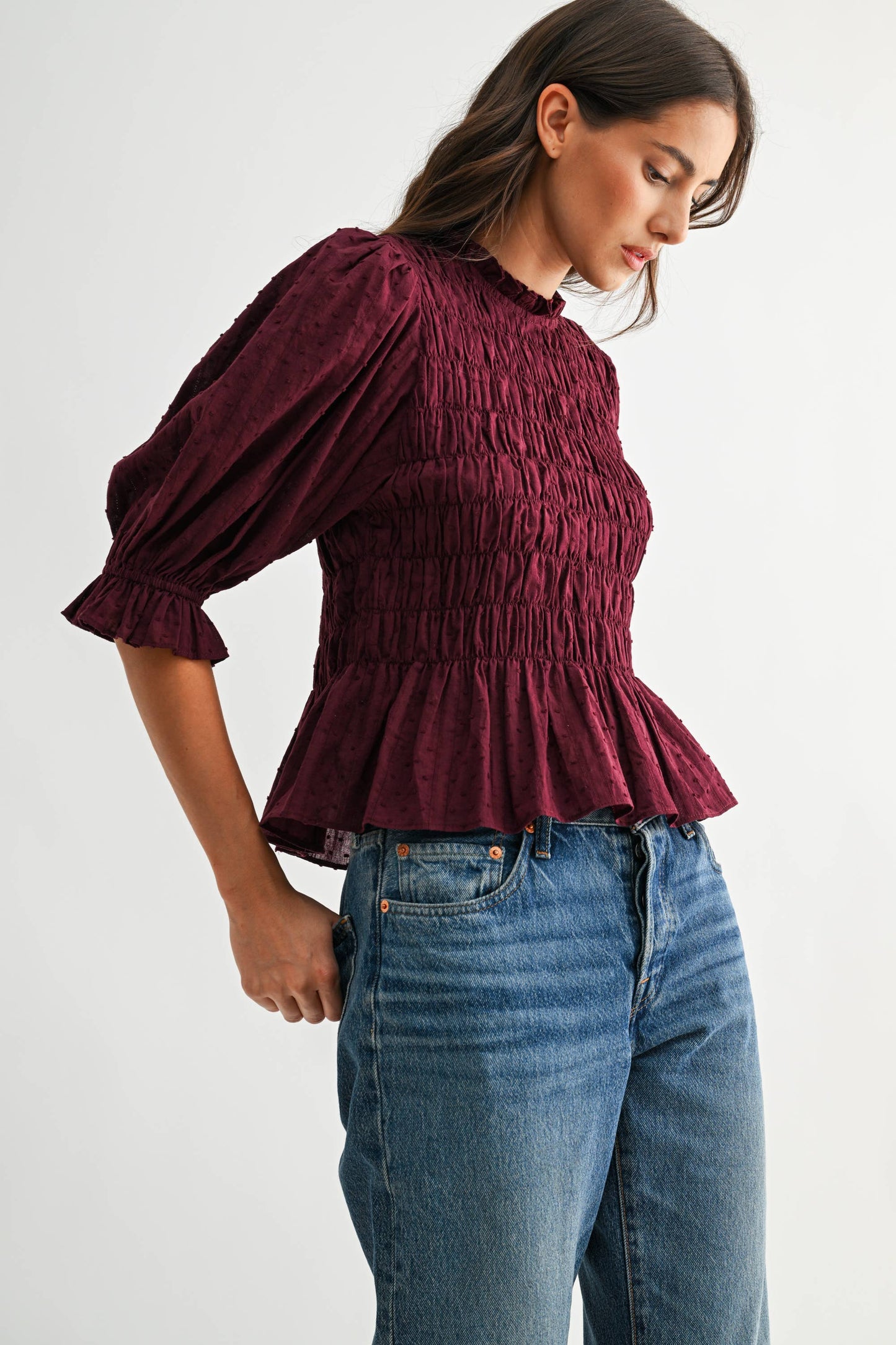SMOCKED PEPLUM PUFF SLEEVE TOP