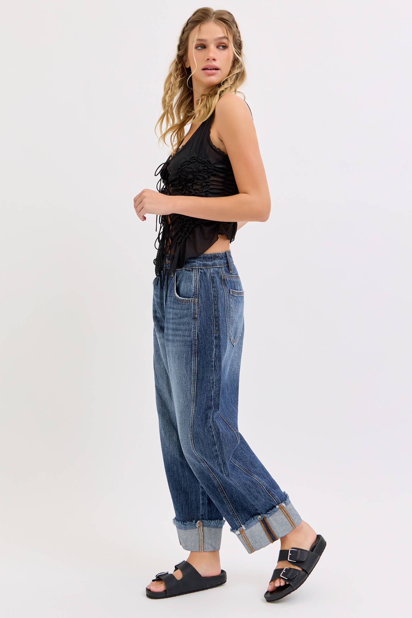 Baylee Barrel Leg with Cuff  (Dark Wash)