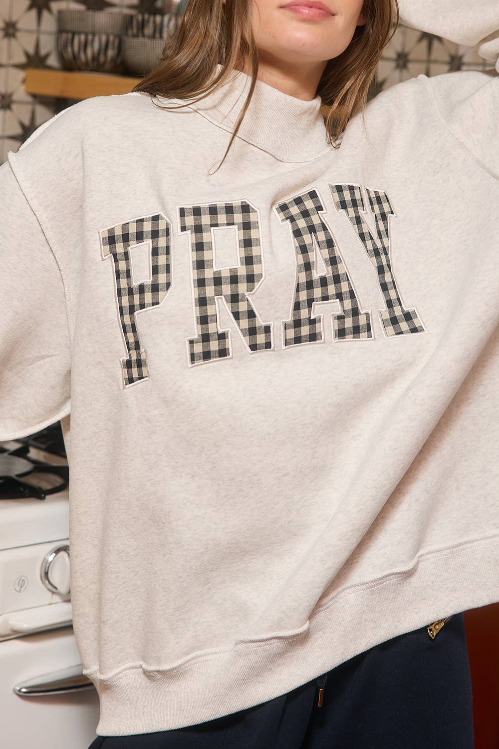 'PRAY' Gingham Appliqué Mockneck Sweatshirt