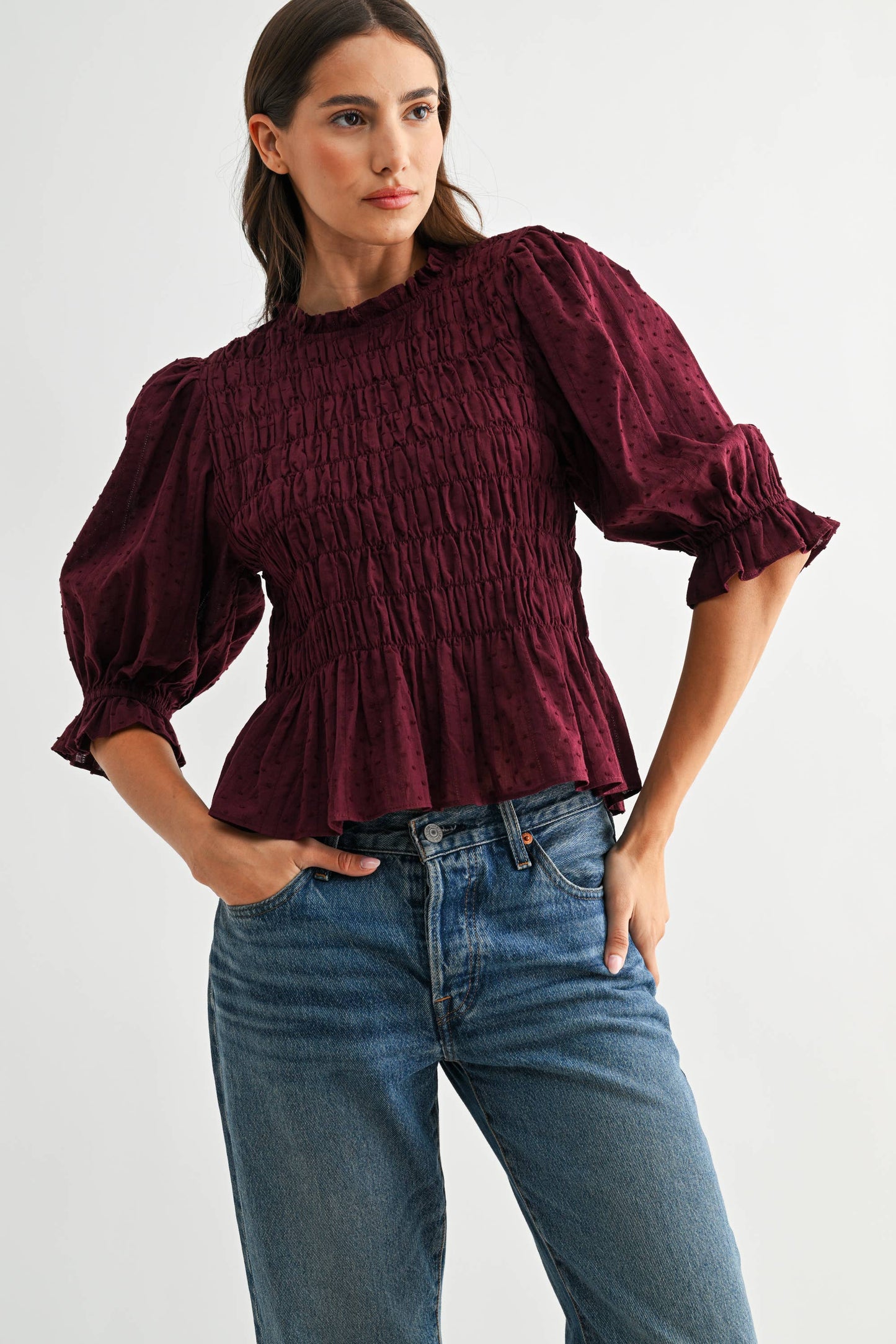 SMOCKED PEPLUM PUFF SLEEVE TOP
