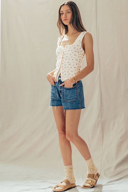 Ribbed Cotton Button-Front Picot Trim Tank (Four Colors)