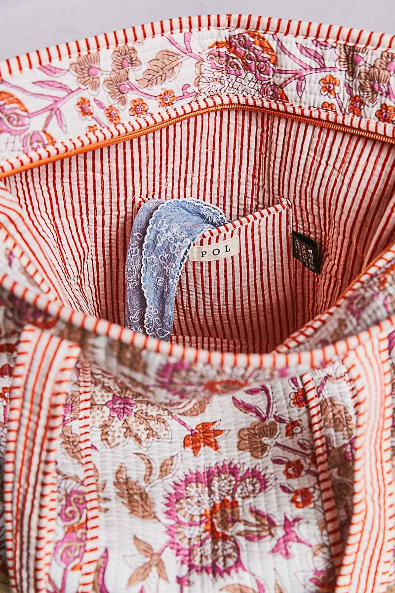 Quilted Striped Binding Roomy Fit Ivory Tote Bag