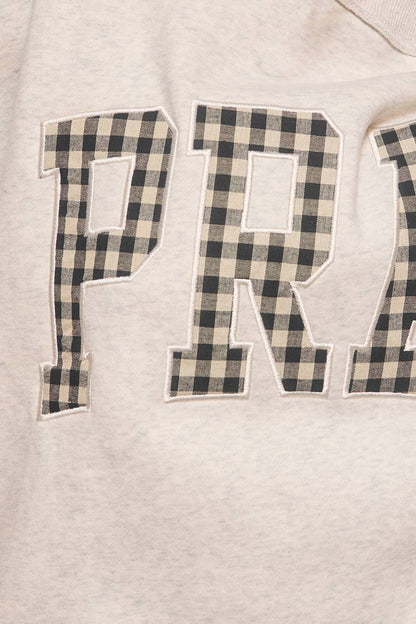 'PRAY' Gingham Appliqué Mockneck Sweatshirt