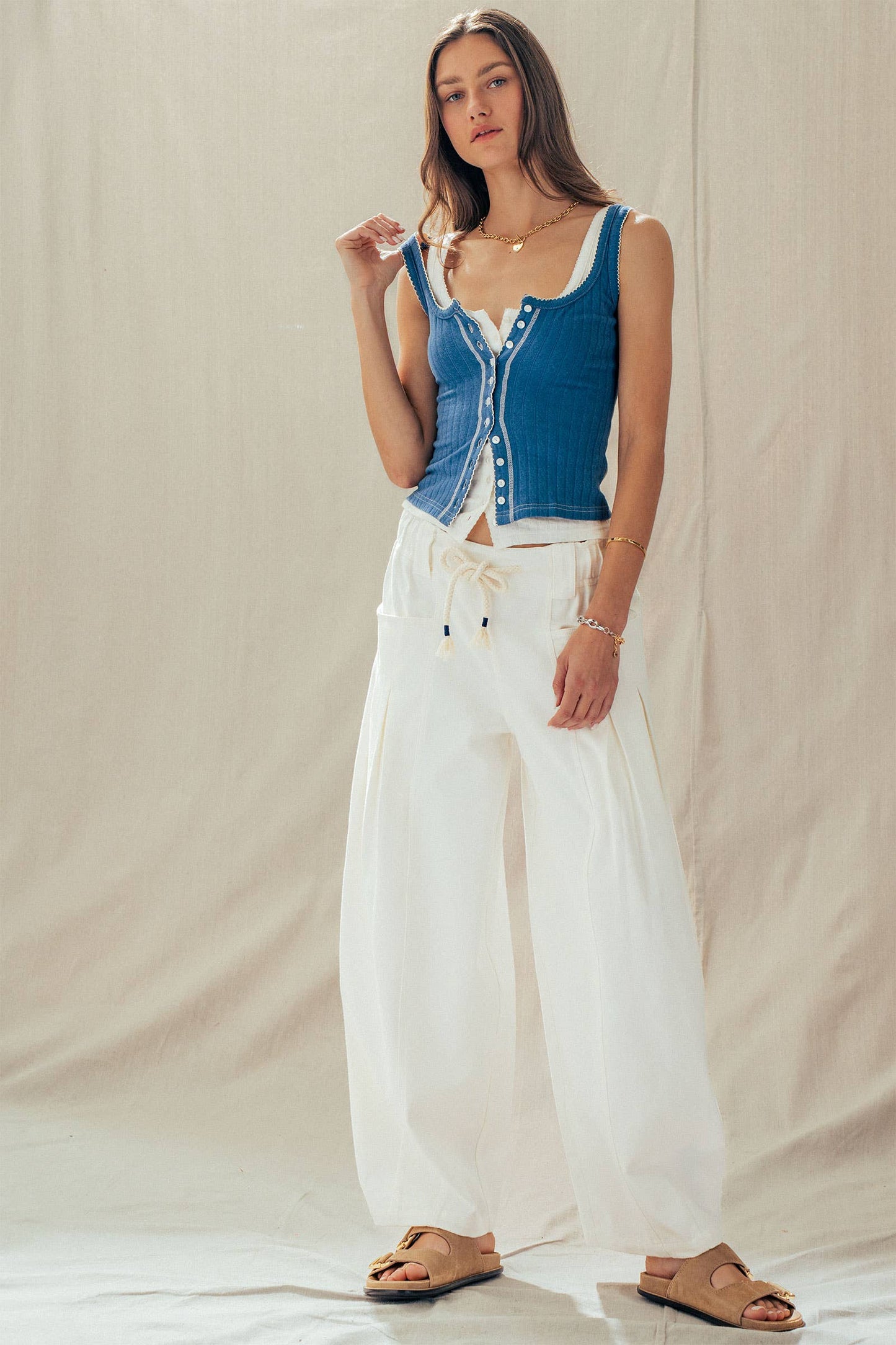 Ribbed Cotton Button-Front Picot Trim Tank (Four Colors)