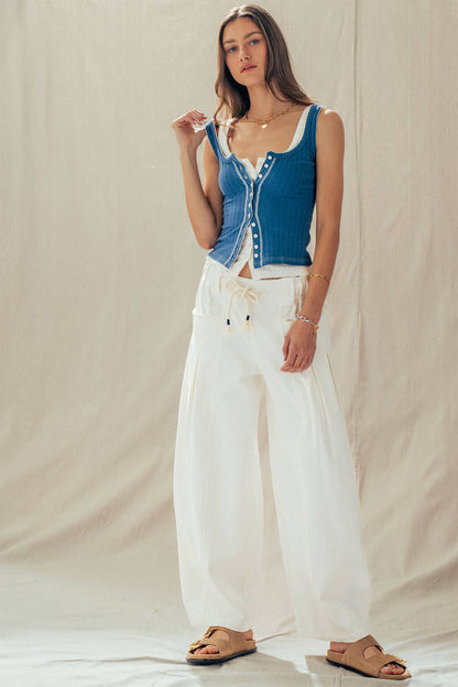 Ribbed Cotton Button-Front Picot Trim Tank (Four Colors)