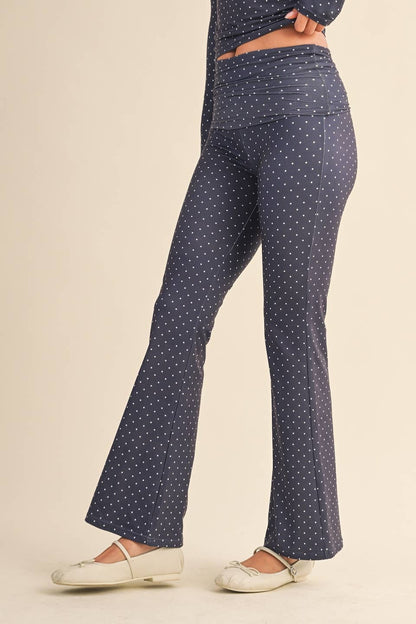 Polka Dot Print Soft Knit Jersey Foldover Flare Pants