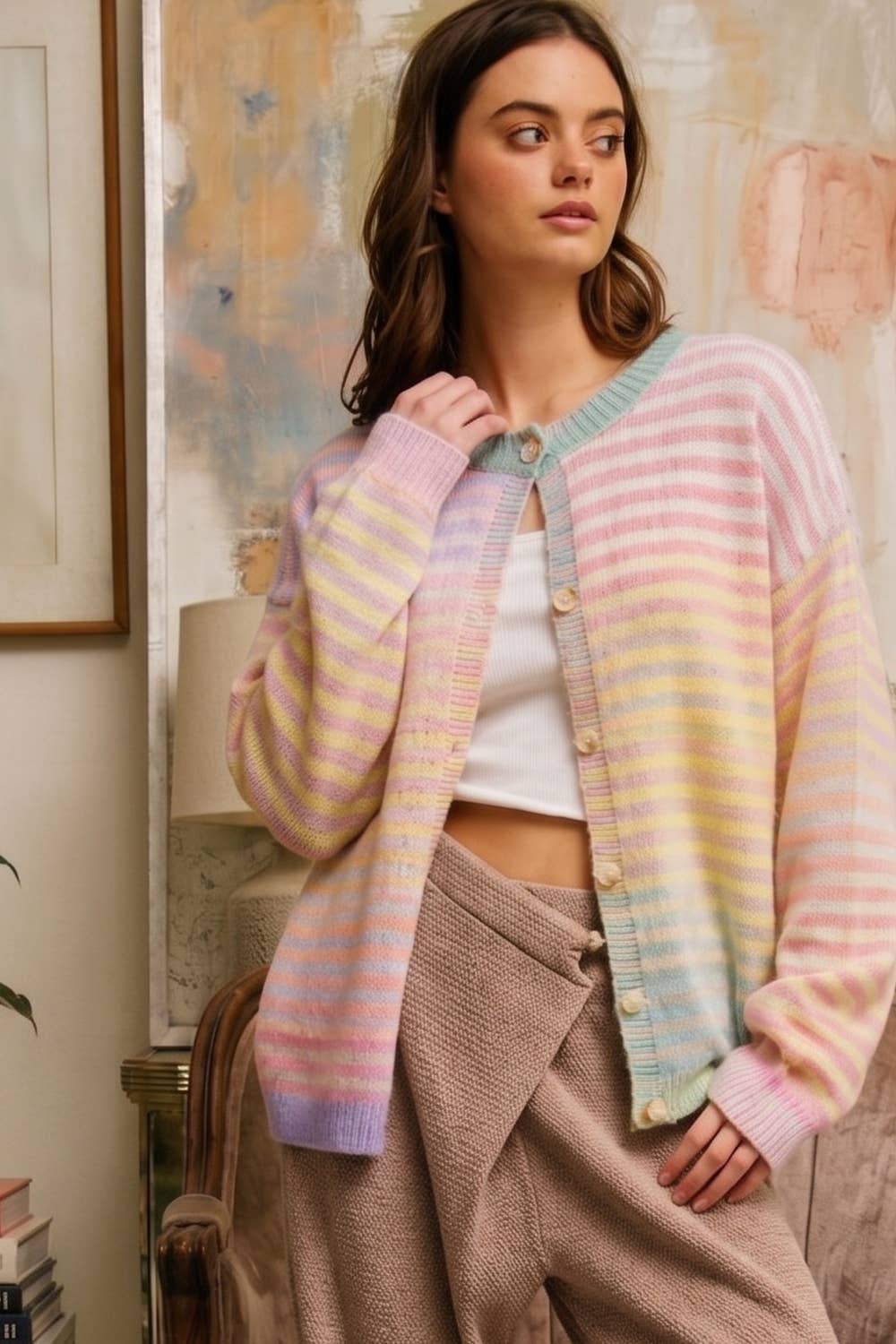 Space-Dye Striped Button-Down Cardigan