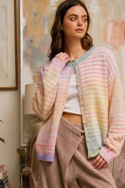 Space-Dye Striped Button-Down Cardigan