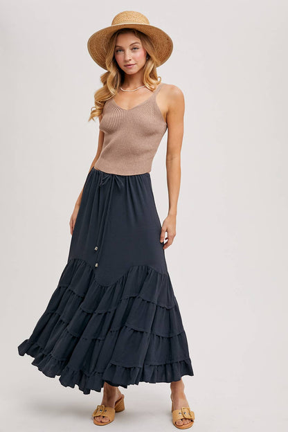 RUFFLED DRAWSTRING WASIT MAXI SKIRT WITH LINING