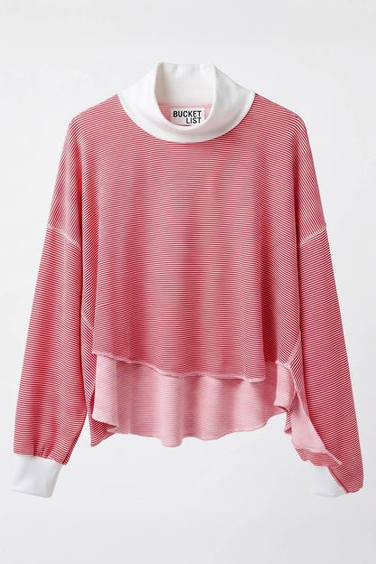 Stacey Striped Mock-neck Balloon-sleeve Top