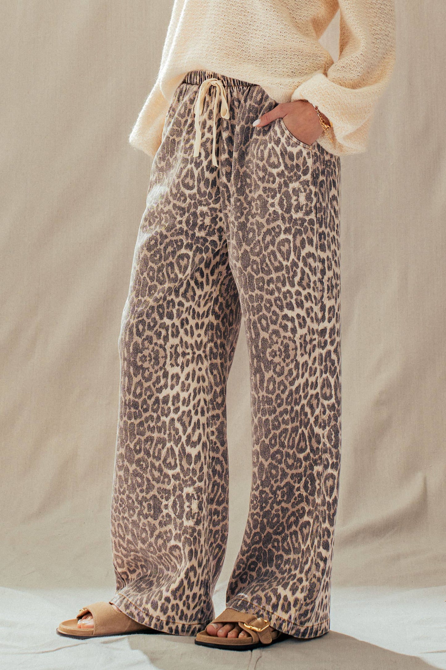 Leopard Print Wide Leg Cotton Pants Drawstring*