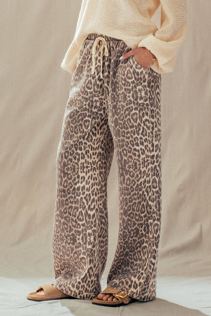 Leopard Print Wide Leg Cotton Pants Drawstring*
