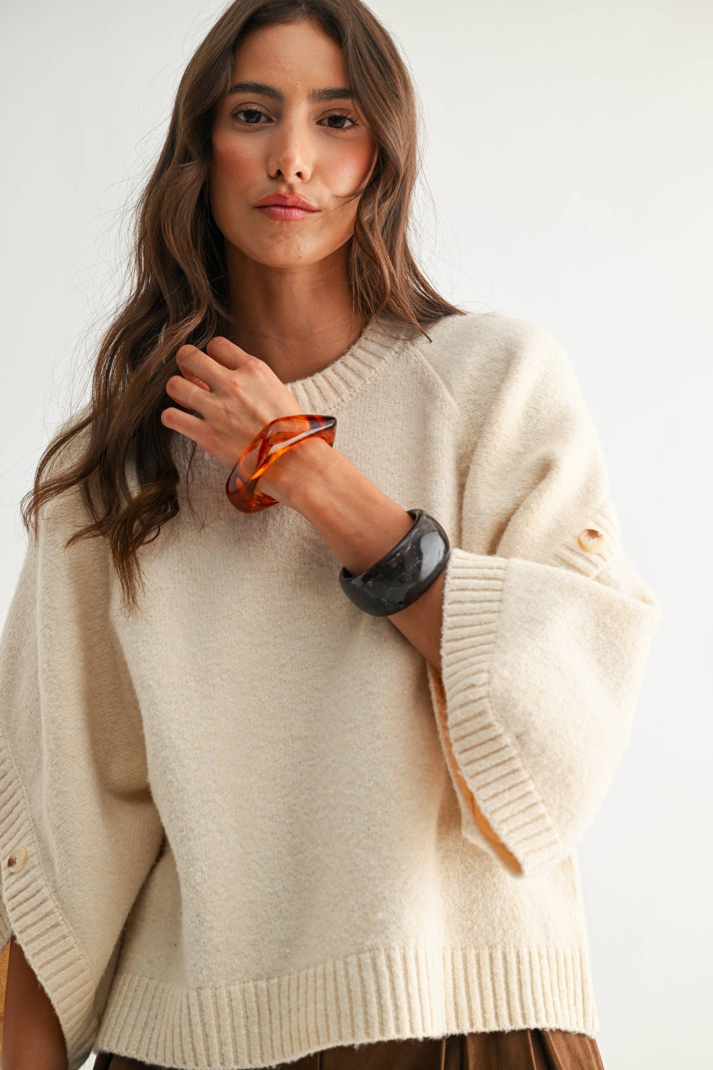 BUTTON SLEEVE KNIT PULLOVER