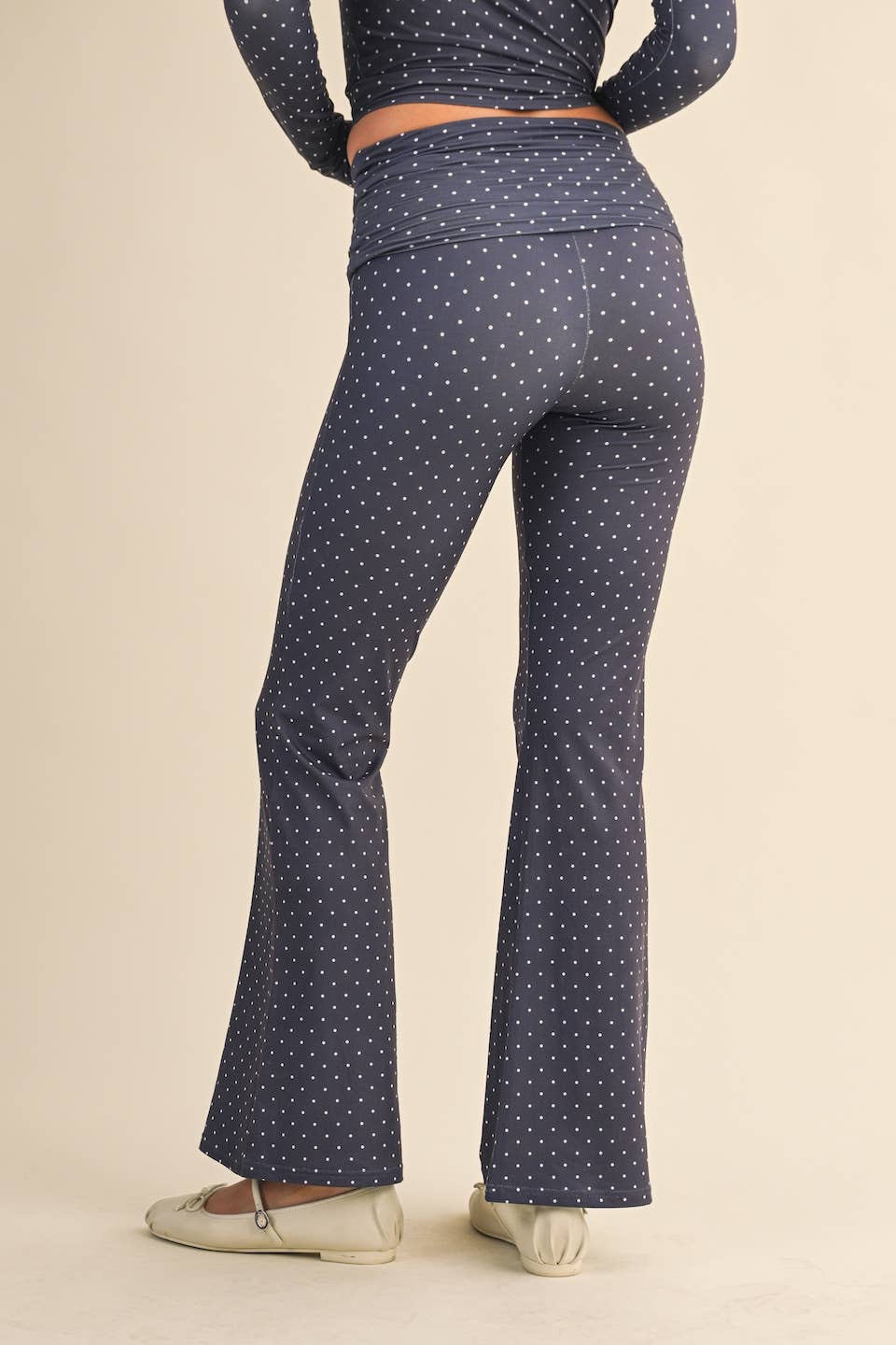 Polka Dot Print Soft Knit Jersey Foldover Flare Pants