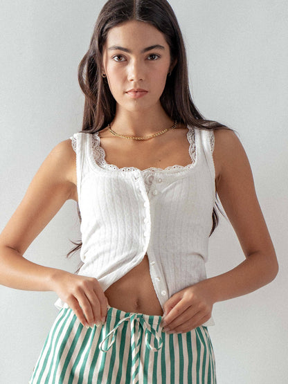 Ribbed Cotton Button-Front Picot Trim Tank (Four Colors)