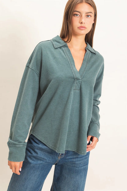 Sadie Mineral Washed Polo Collar Long Sleeve Top ( Five Colors)