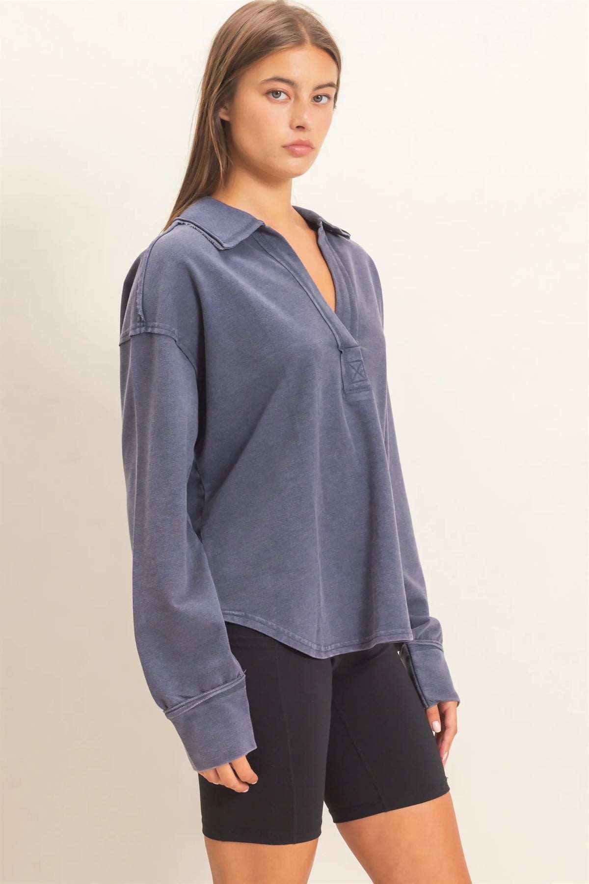 Sadie Mineral Washed Polo Collar Long Sleeve Top ( Five Colors)