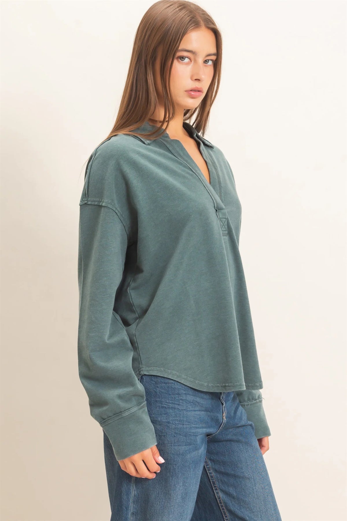 Sadie Mineral Washed Polo Collar Long Sleeve Top ( Five Colors)