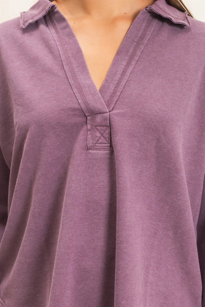Sadie Mineral Washed Polo Collar Long Sleeve Top ( Five Colors)