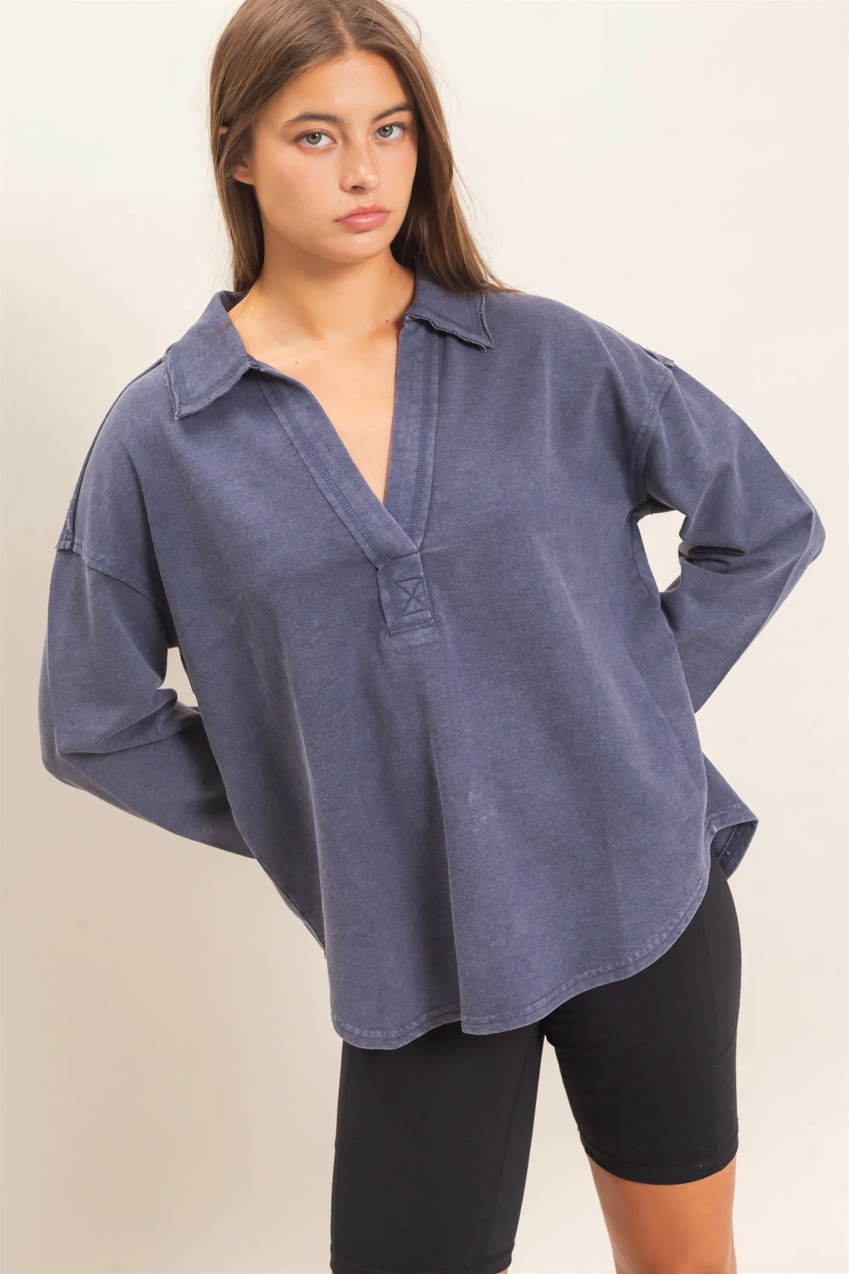 Sadie Mineral Washed Polo Collar Long Sleeve Top ( Five Colors)