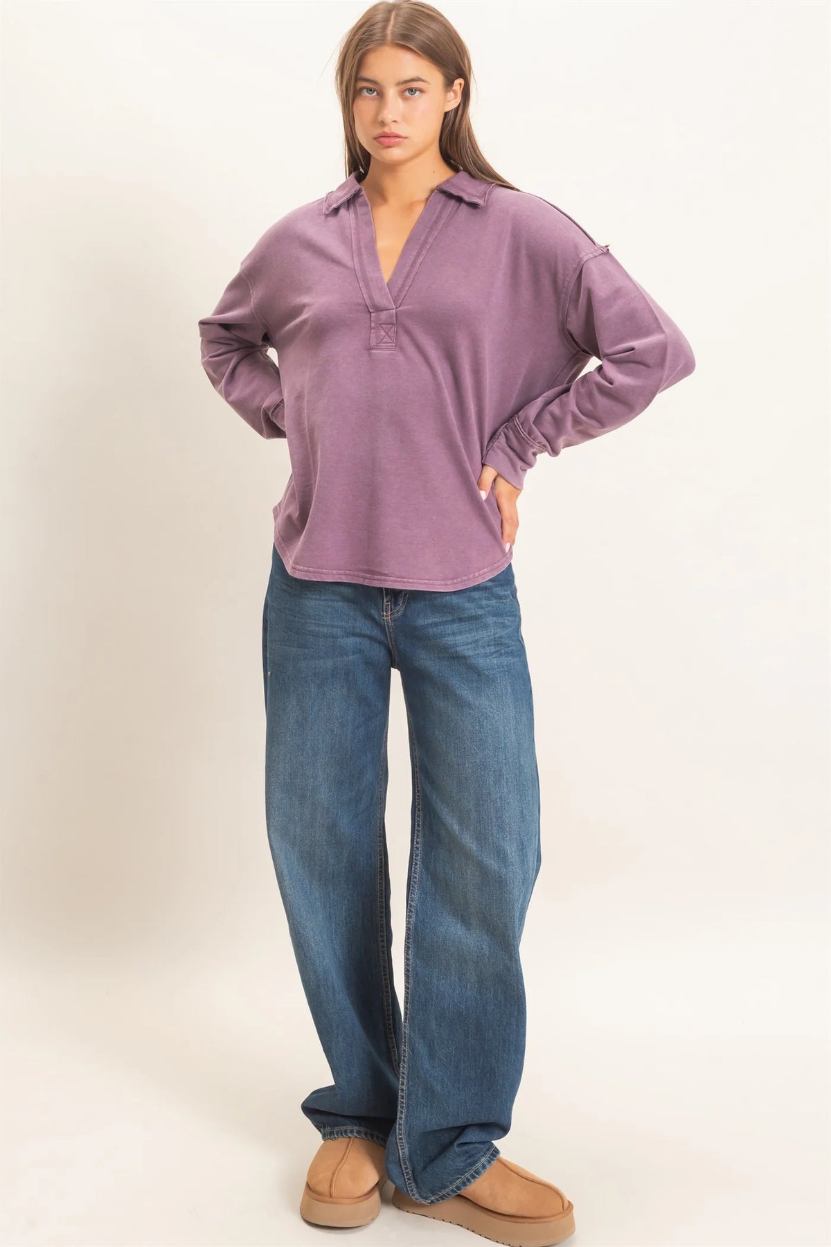 Sadie Mineral Washed Polo Collar Long Sleeve Top ( Five Colors)