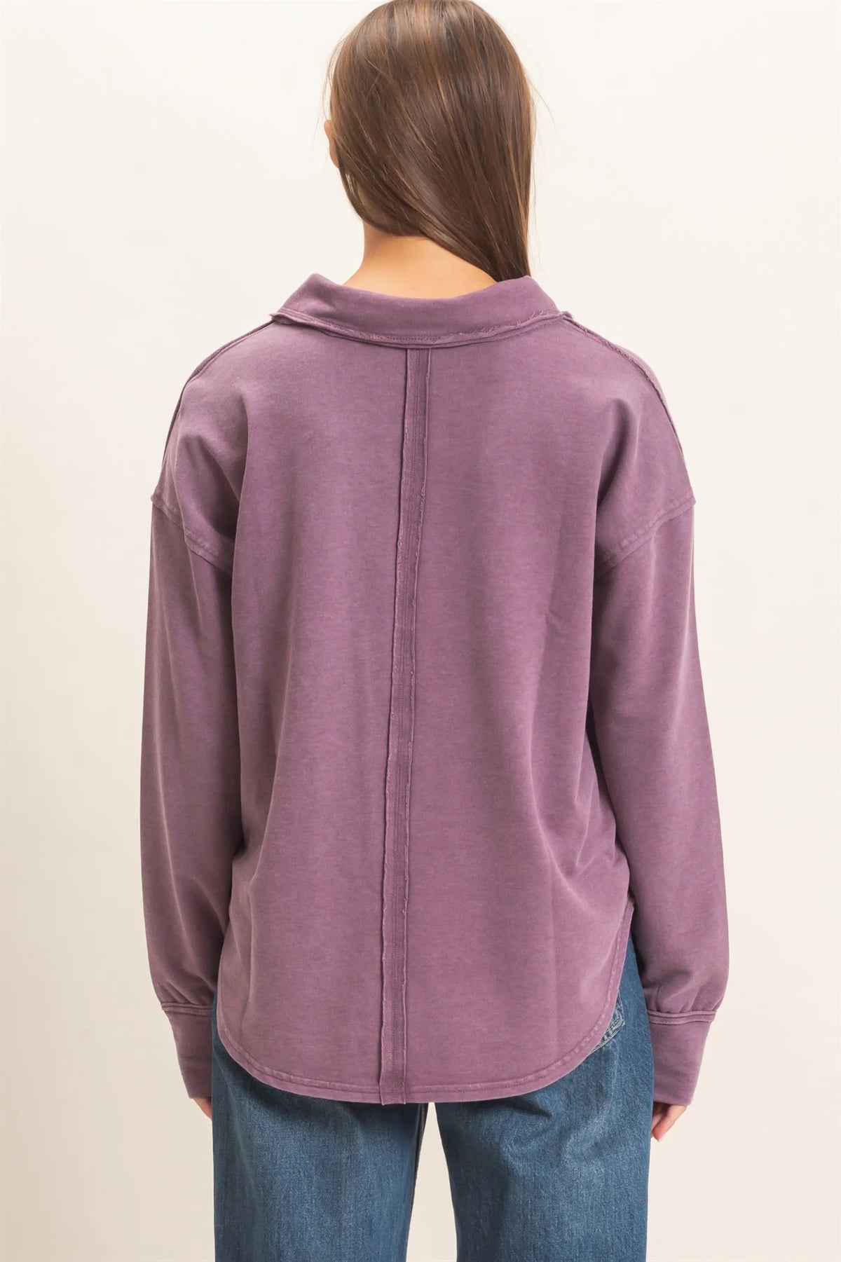 Sadie Mineral Washed Polo Collar Long Sleeve Top ( Five Colors)