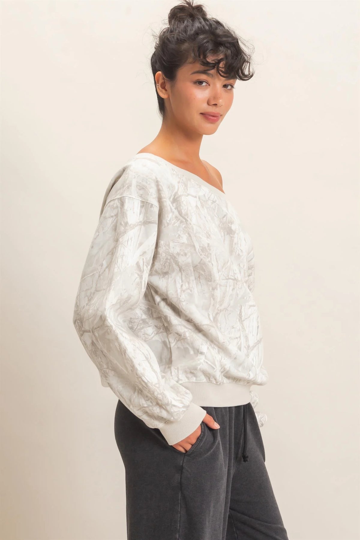 Find Me Tree Camouflage Print Off The Shoulder Sweatshirt