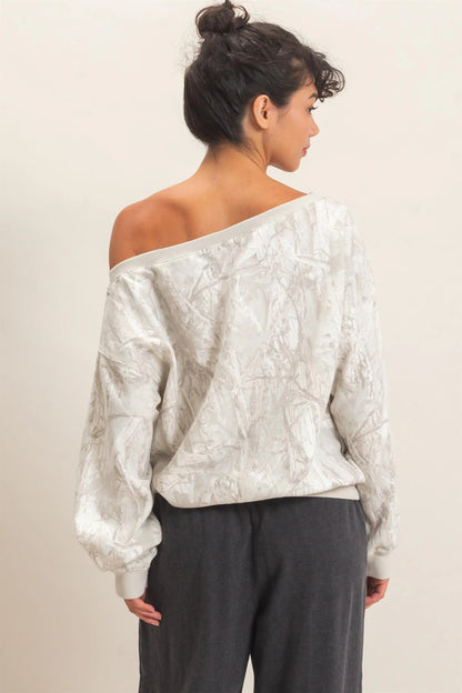 Find Me Tree Camouflage Print Off The Shoulder Sweatshirt