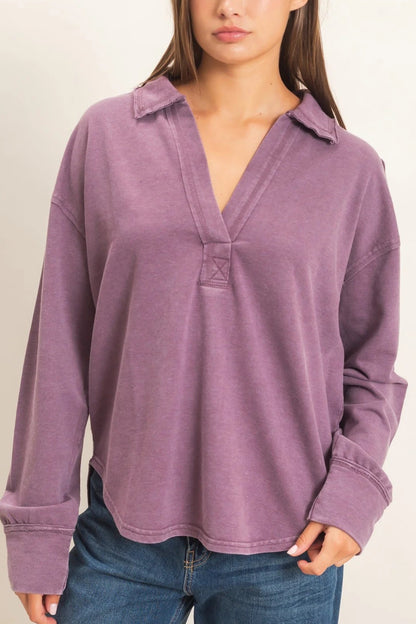 Sadie Mineral Washed Polo Collar Long Sleeve Top ( Five Colors)