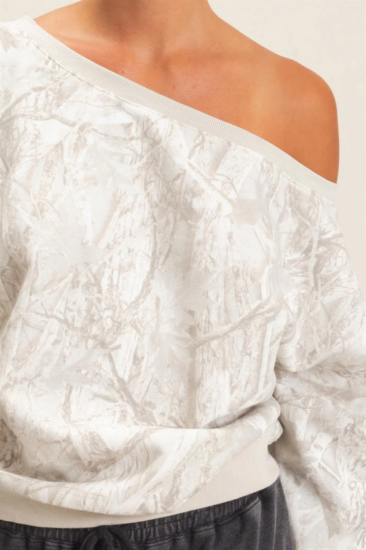 Find Me Tree Camouflage Print Off The Shoulder Sweatshirt
