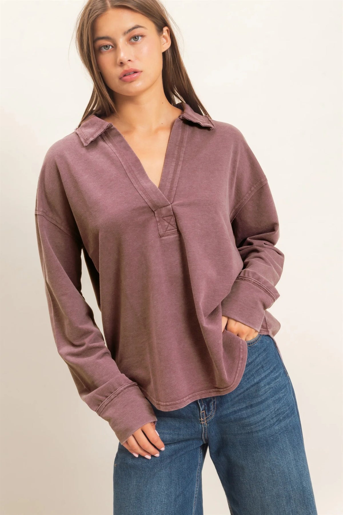Sadie Mineral Washed Polo Collar Long Sleeve Top ( Five Colors)