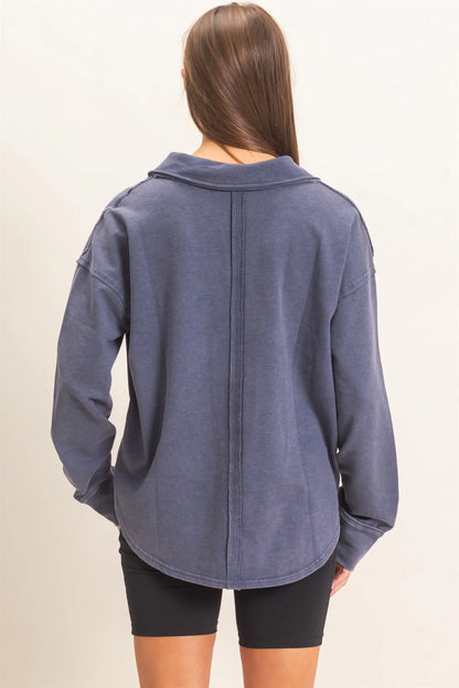 Sadie Mineral Washed Polo Collar Long Sleeve Top ( Five Colors)