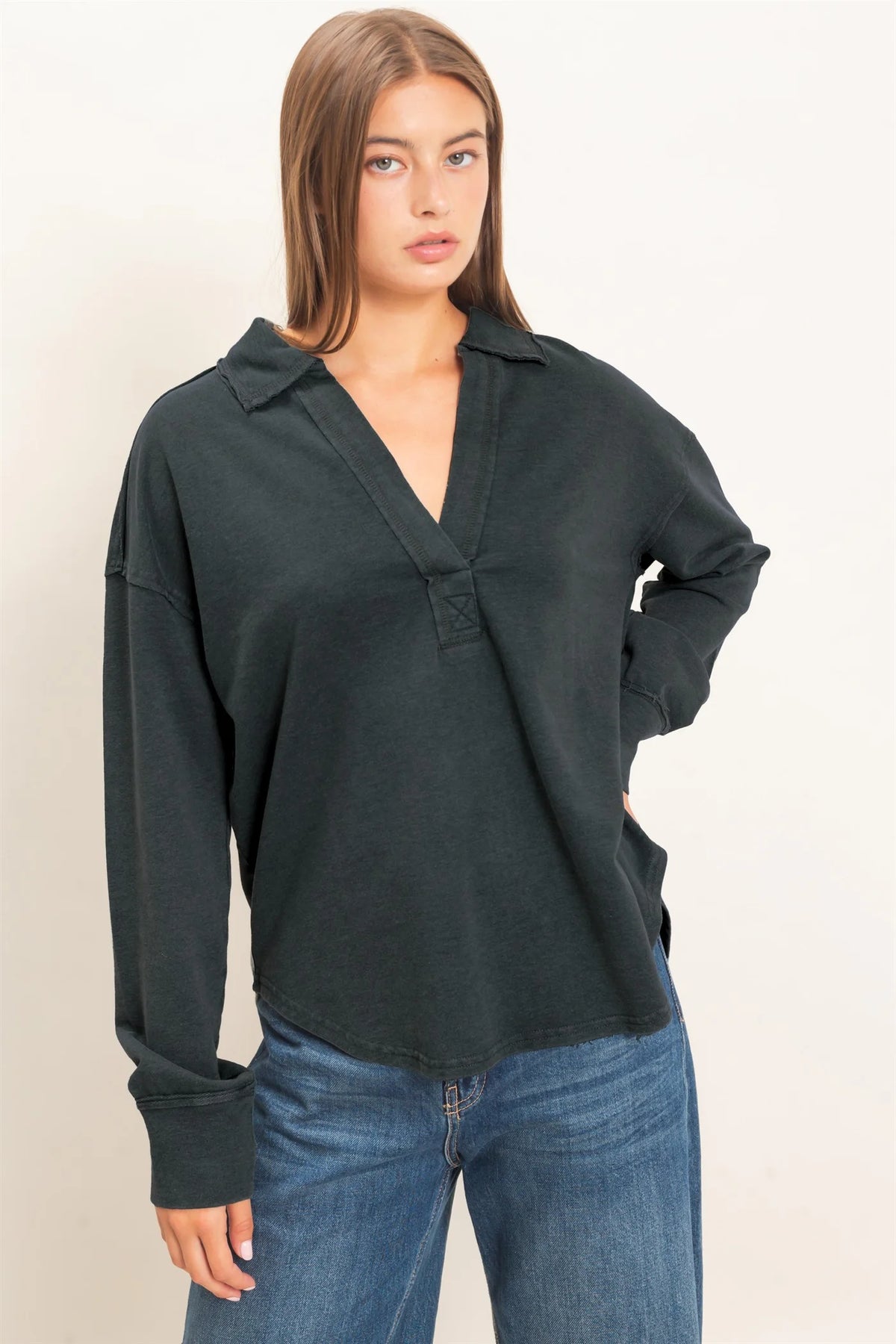 Sadie Mineral Washed Polo Collar Long Sleeve Top ( Five Colors)